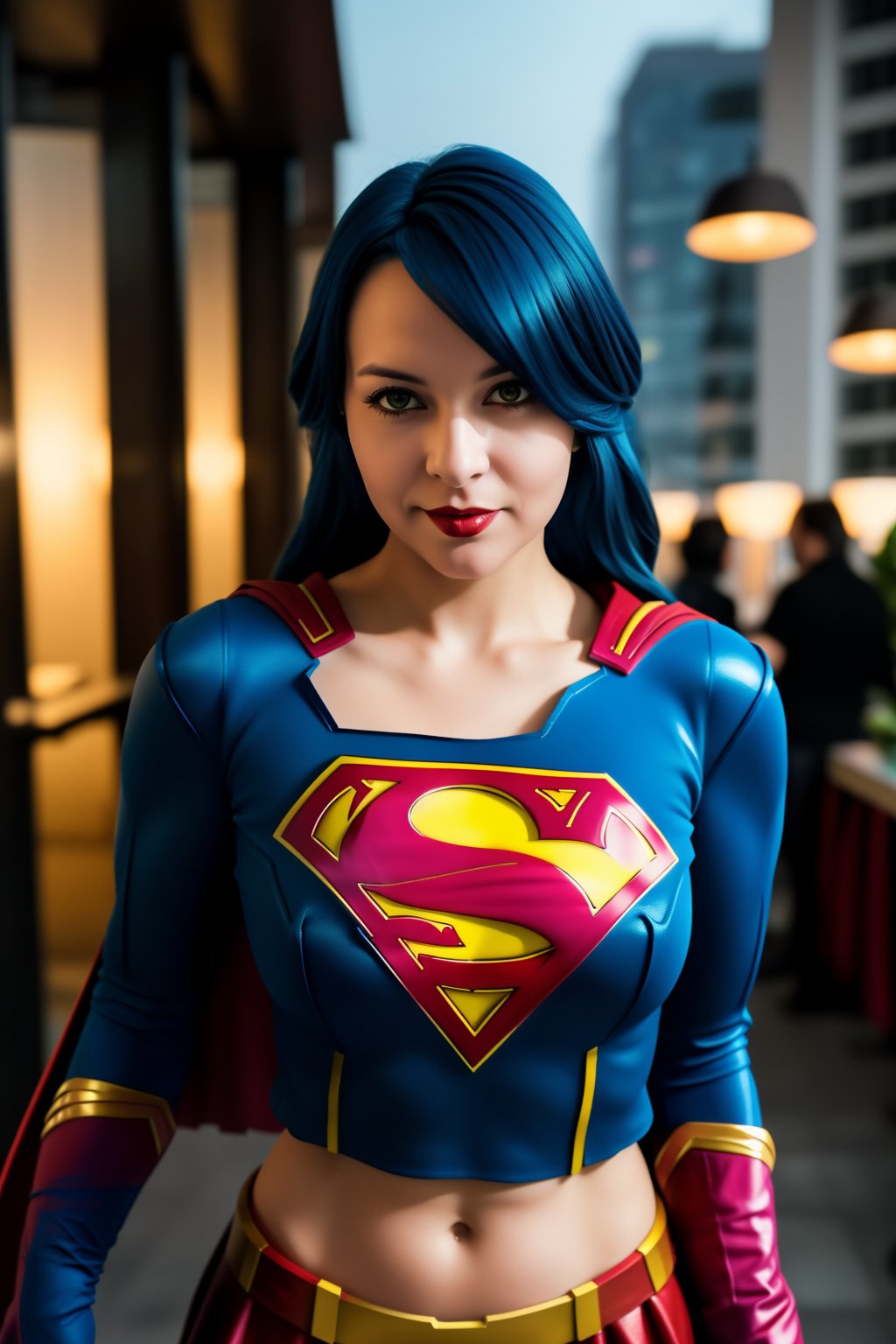  woman posing for a photo,(wearing supergirl_cosplay_outfit:1.3),crop_top,
good hand,4k, high-res, masterpiece, best quality, head:1.3,((Hasselblad photography)), finely detailed skin, sharp focus, (cinematic lighting), collarbone, night, soft lighting, dynamic angle, [:(detailed face:1.2):0.2],(((5 stars hotel))), outside,    