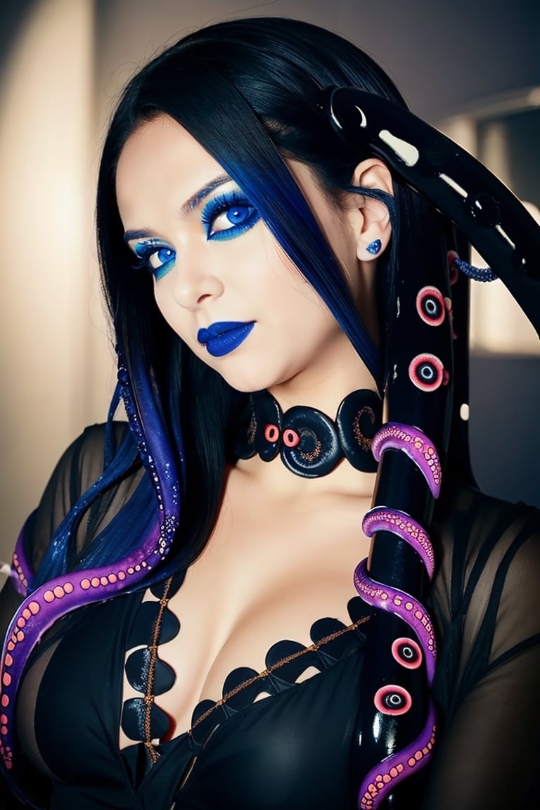 score_9, score_8_up, score_7_up, score_6_up, score_5_up, score_4_up, 1girl, Goth girl, gothicstyle, playing with hair, goth makeup, beautiful eyes, (((tentacle hair))) high contrast, vivid lighting, BREAK, sapphire blue eyes, touching hair, portrait,1gir
