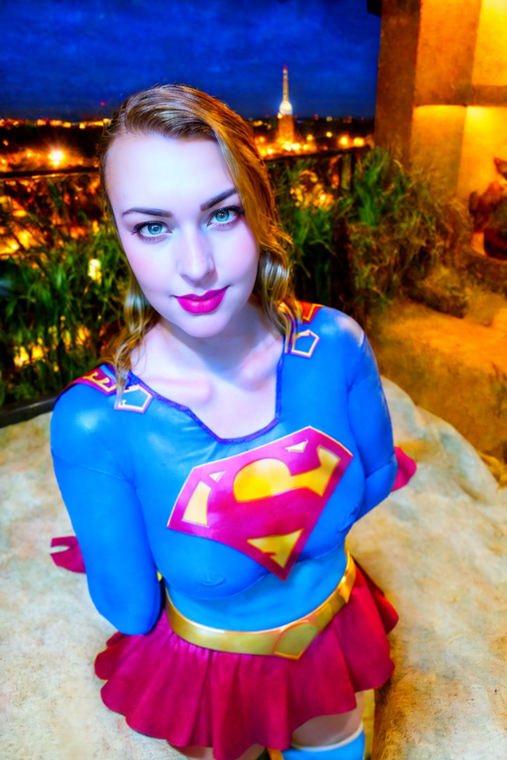  woman posing for a photo,(wearing supergirl_cosplay_outfit:1.3),crop_top,
good hand,4k, high-res, masterpiece, best quality, head:1.3,((Hasselblad photography)), finely detailed skin, sharp focus, (cinematic lighting), collarbone, night, soft lighting, dynamic angle, [:(detailed face:1.2):0.2],(((5 stars hotel))), outside,    