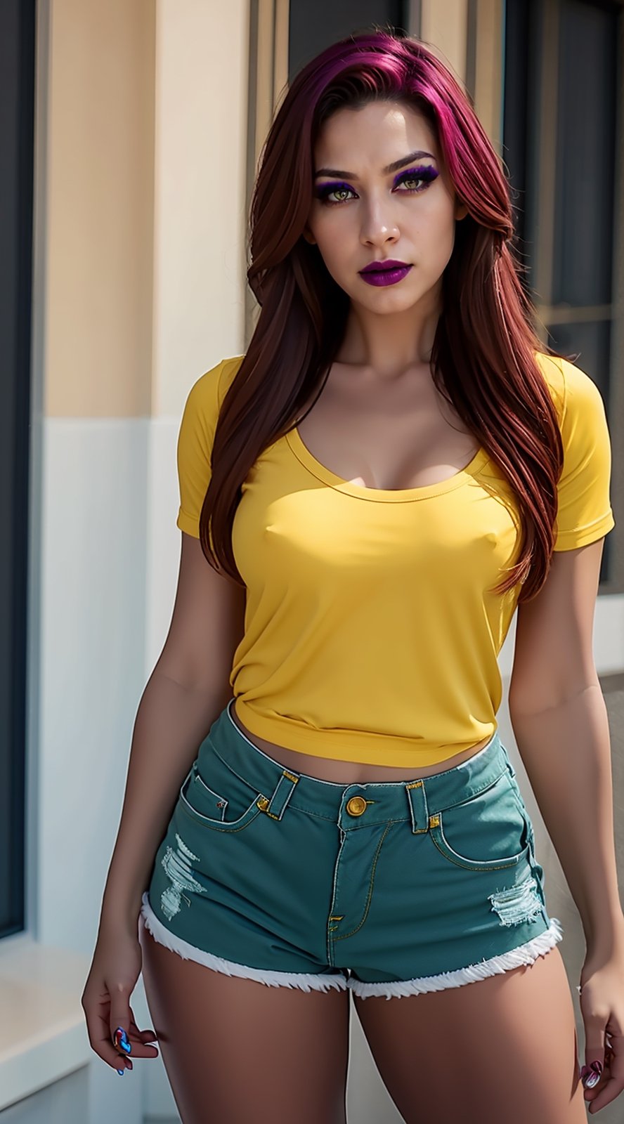 masterpiece, best quality, high quality, highres,  upper body, looking at viewer, twilight,  sunset, 
TN_StarfireAdult_YellowTop, www.ownwaifu.com, 
1girl, no pupils, orange skin, toned, long hair, red hair, green eyes, breasts, lipstick, makeup, green sclera, lips, armlet, colored sclera, large breasts, glowing eyes, colored skin, eyeshadow, muscular, purple lips, muscular female,  very long hair, collarbone, 
t-shirt, shorts, short shorts, bracelet, black shorts, yellow shirt, 
