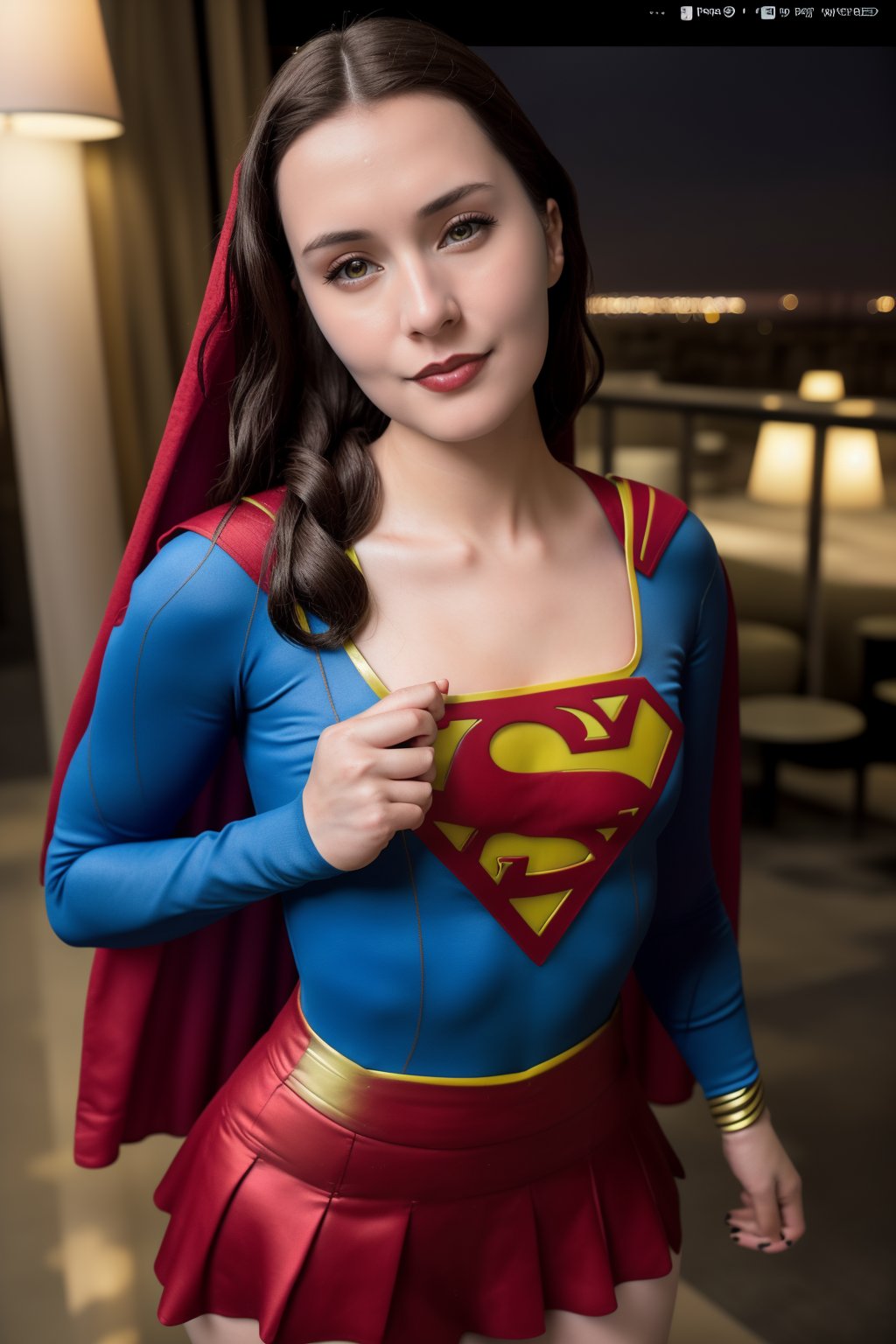  woman posing for a photo,(wearing supergirl_cosplay_outfit:1.3),crop_top,
good hand,4k, high-res, masterpiece, best quality, head:1.3,((Hasselblad photography)), finely detailed skin, sharp focus, (cinematic lighting), collarbone, night, soft lighting, dynamic angle, [:(detailed face:1.2):0.2],(((5 stars hotel))), outside,    