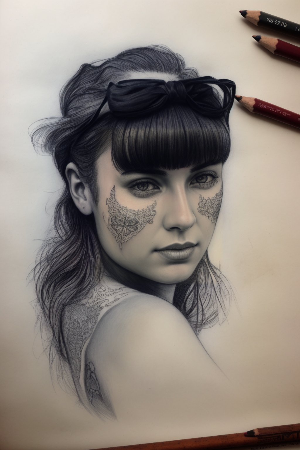 hyperdetailed charcoal and pencil sketch of young woman of an ancient
tribe with tattoo on face, on an aged paper, pencil shading, intricate,
beautiful, delicate, soft lines, by Krzysztof Lukasiewicz