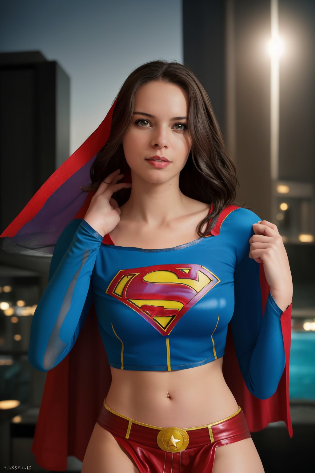  woman posing for a photo,(wearing supergirl_cosplay_outfit:1.3),crop_top,
good hand,4k, high-res, masterpiece, best quality, head:1.3,((Hasselblad photography)), finely detailed skin, sharp focus, (cinematic lighting), collarbone, night, soft lighting, dynamic angle, [:(detailed face:1.2):0.2],(((5 stars hotel))), outside,    