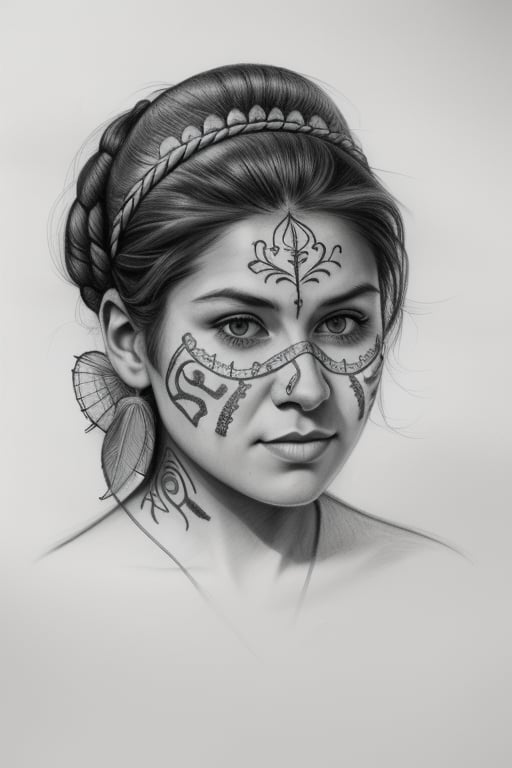 hyperdetailed charcoal and pencil sketch of young woman of an ancient
tribe with tattoo on face, on an aged paper, pencil shading, intricate,
beautiful, delicate, soft lines, by Krzysztof Lukasiewicz