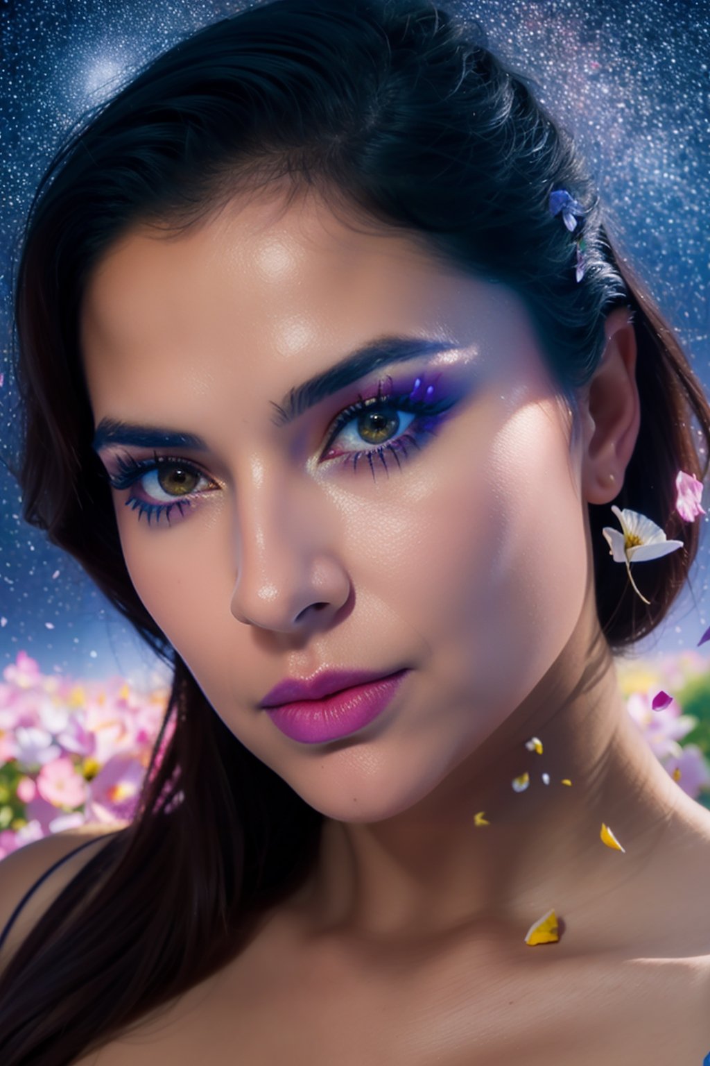masterpiece,Photorealism photo of a gorgeous young woman in the style of stefan kostic and David la chapelle,realistic,sharp focus,8k high definition,1girl,cowboy_shot,starry sky petals,abstract art,(petals:1.4),milky way,planet,,