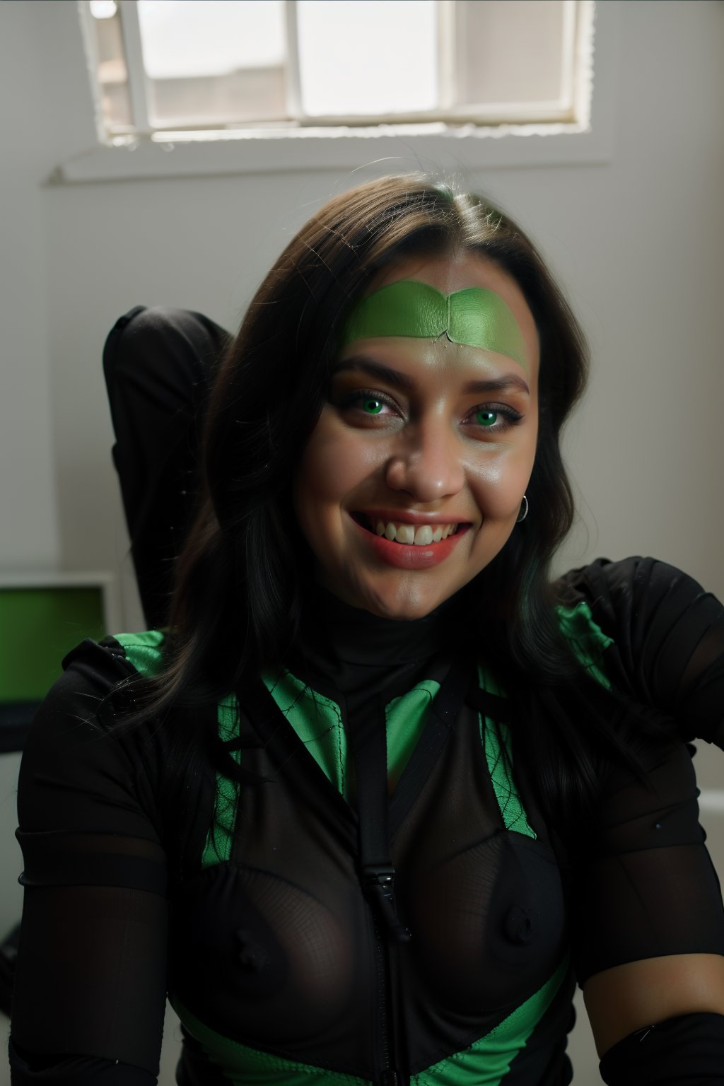 score_9, score_8_up, score_7_up, score_6_up, score_5_up, score_4_up > shego, black gloves, black hair, bodysuit, smile, green bodysuit, green eyes, green theme, long hair,  portrait, solo,  