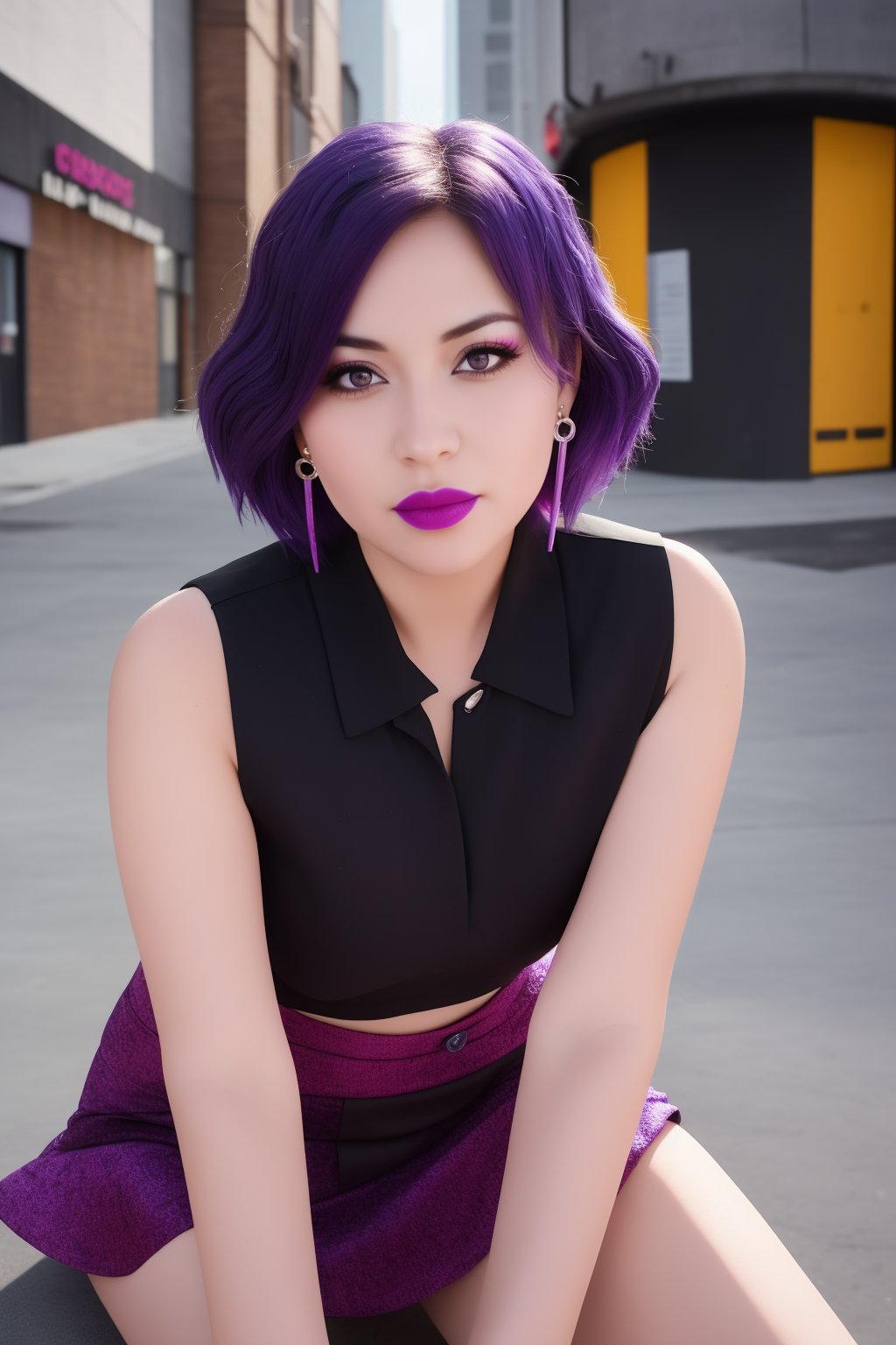 pretty young woman leaning over looking at camera, perfect symmetric
gray eyes, short purple hair, blushing, thick makeup, earrings, jewelry,
bracelet, purple hair, Scottish mini skirt, ultra high quality model, 
sharp focus, depth of field, unreal engine, masterpiece,
4k, detailed, street background