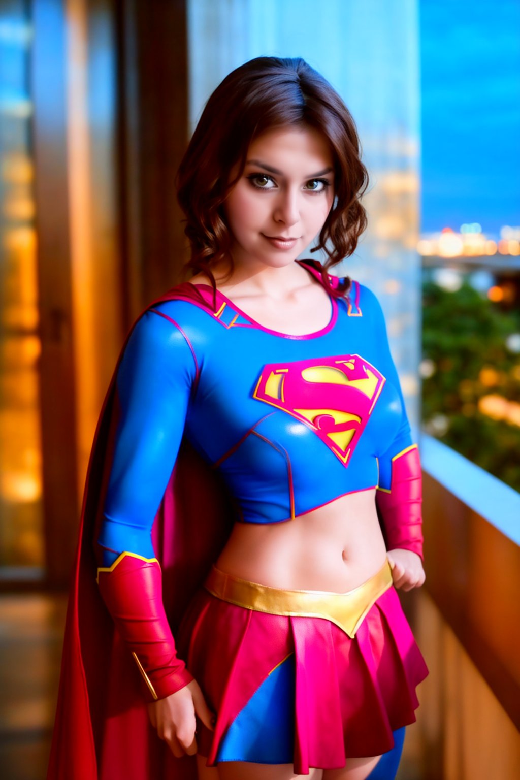  woman posing for a photo,(wearing supergirl_cosplay_outfit:1.3),crop_top,
good hand,4k, high-res, masterpiece, best quality, head:1.3,((Hasselblad photography)), finely detailed skin, sharp focus, (cinematic lighting), collarbone, night, soft lighting, dynamic angle, [:(detailed face:1.2):0.2],(((5 stars hotel))), outside,    