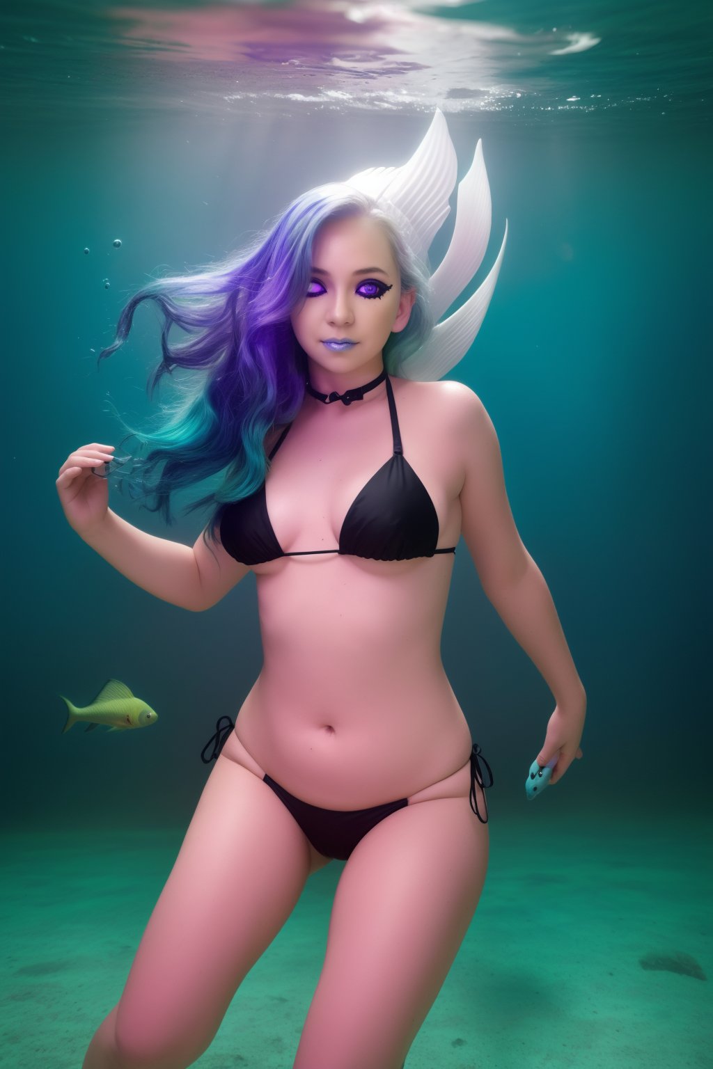 score_9, score_8_up, score_7_up, 1girl, underwater, (fish girl), blue hair,((white skin 1.8)),, ((blue scaled skin)) (hair over one eye), fins, (black sclera), cyan eyes, fangs, fins, smirking, sfw, tribal tattoos ), high angle, toned body, (front view:1.2) arm blades, slight muscles, strong legs, silver scaled bikini, ,gardevoir,  hair_over_one_eye