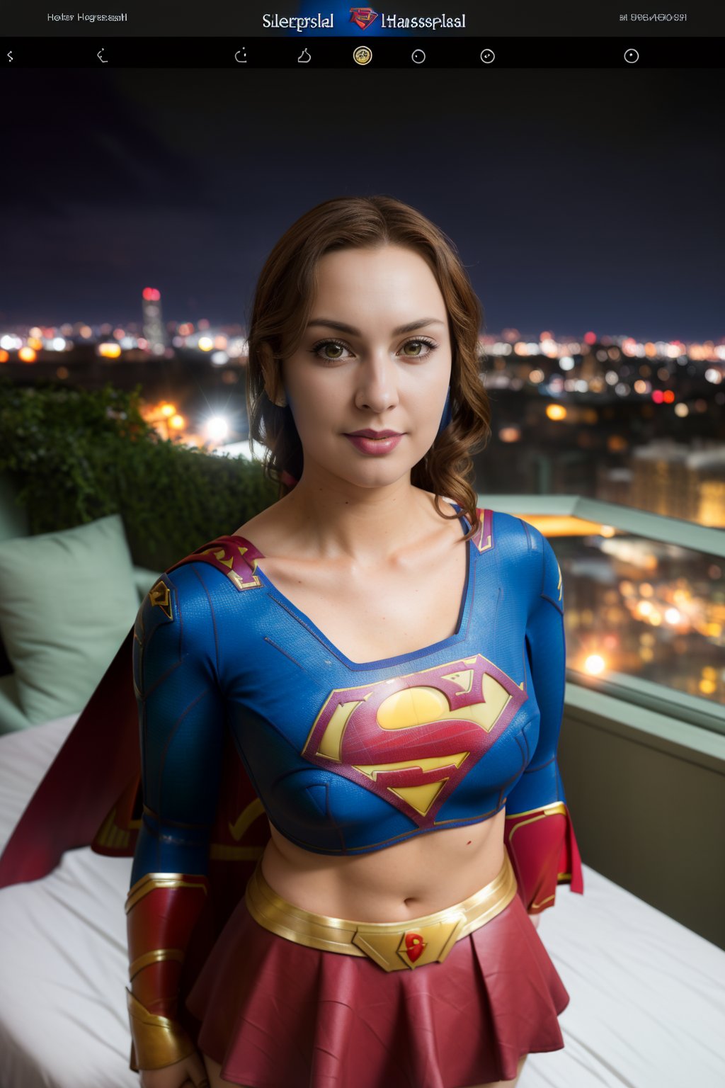  woman posing for a photo,(wearing supergirl_cosplay_outfit:1.3),crop_top,
good hand,4k, high-res, masterpiece, best quality, head:1.3,((Hasselblad photography)), finely detailed skin, sharp focus, (cinematic lighting), collarbone, night, soft lighting, dynamic angle, [:(detailed face:1.2):0.2],(((5 stars hotel))), outside,    