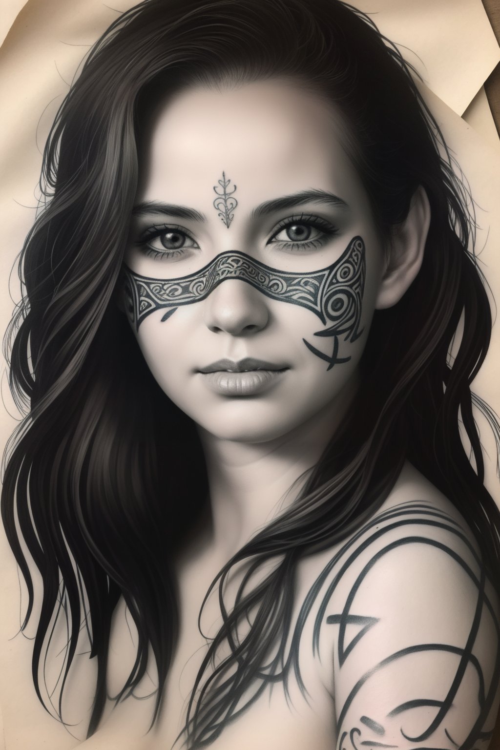 hyperdetailed charcoal and pencil sketch of young woman of an ancient
tribe with tattoo on face, on an aged paper, pencil shading, intricate,
beautiful, delicate, soft lines, by Krzysztof Lukasiewicz