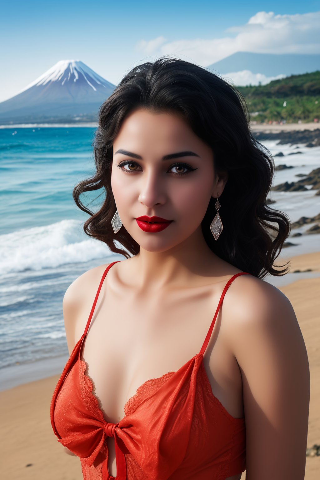 Jewelry, shiny, Lalique, Black Satin and Lace Cami and Short Set, Fit, Diamond-Shaped Face, Ebony Skin, Curved Nose, Bow-shaped Lips, Round Chin, Coral glossy lipstick, earrings, Wavy Hair Shoulder-Length Hair Curls, with a volcano in the background, serene beach with crashing waves, <