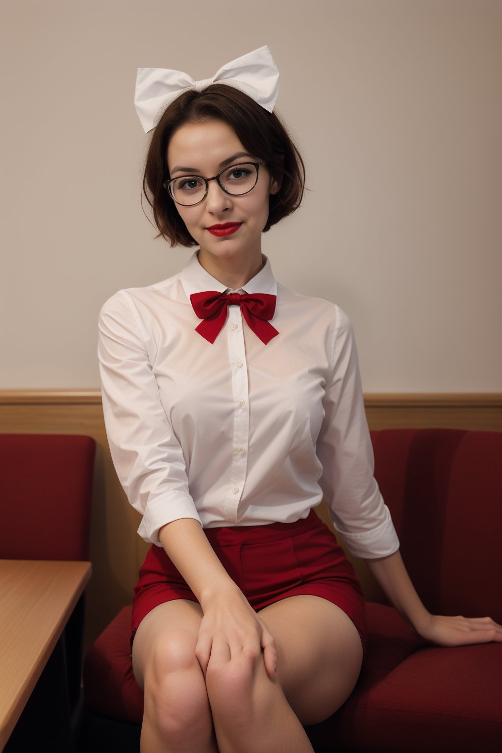 A photo of a young, nerdy woman sitting in a caf, wearing a white shirt and a bow, surrounded by a cozy atmosphere, looking at the viewer.
short hair, slender, red lips, transparent fabric, flirting with the camera
