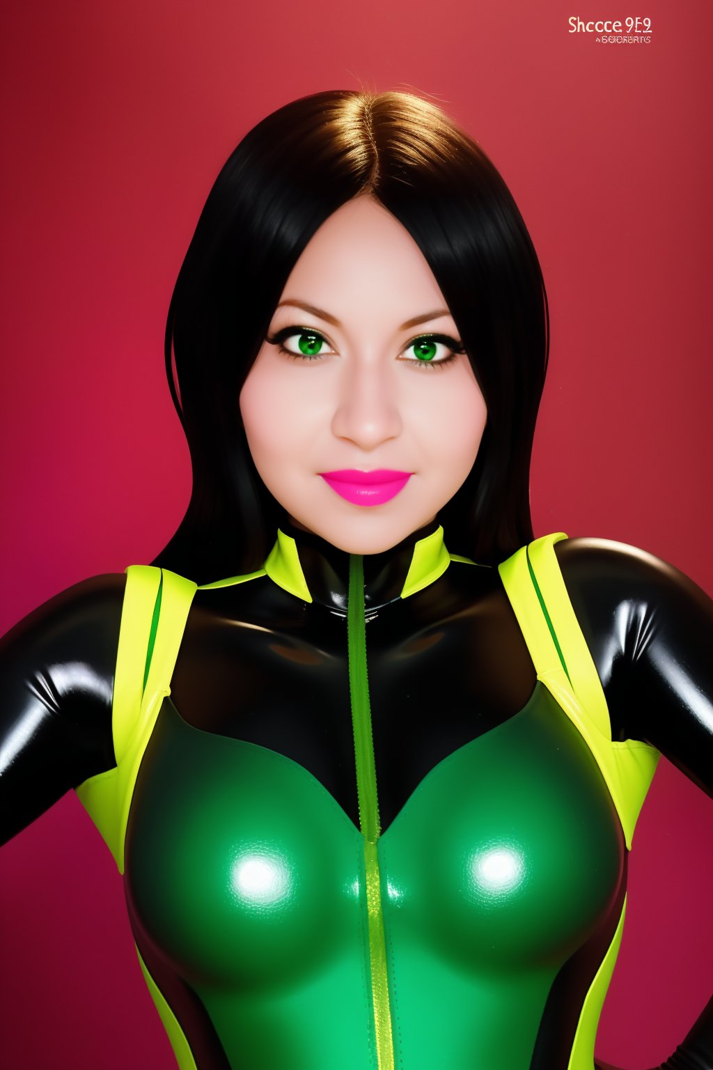 score_9, score_8_up, score_7_up, score_6_up, score_5_up, score_4_up > shego, black gloves, black hair, bodysuit, smile, green bodysuit, green eyes, green theme, long hair,  portrait, solo,  