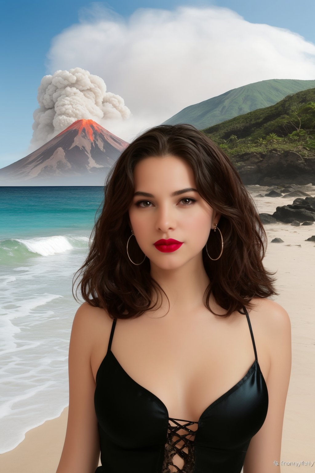 Jewelry, shiny, Lalique, Black Satin and Lace Cami and Short Set, Fit, Diamond-Shaped Face, Ebony Skin, Curved Nose, Bow-shaped Lips, Round Chin, Coral glossy lipstick, earrings, Wavy Hair Shoulder-Length Hair Curls, with a volcano in the background, serene beach with crashing waves, <