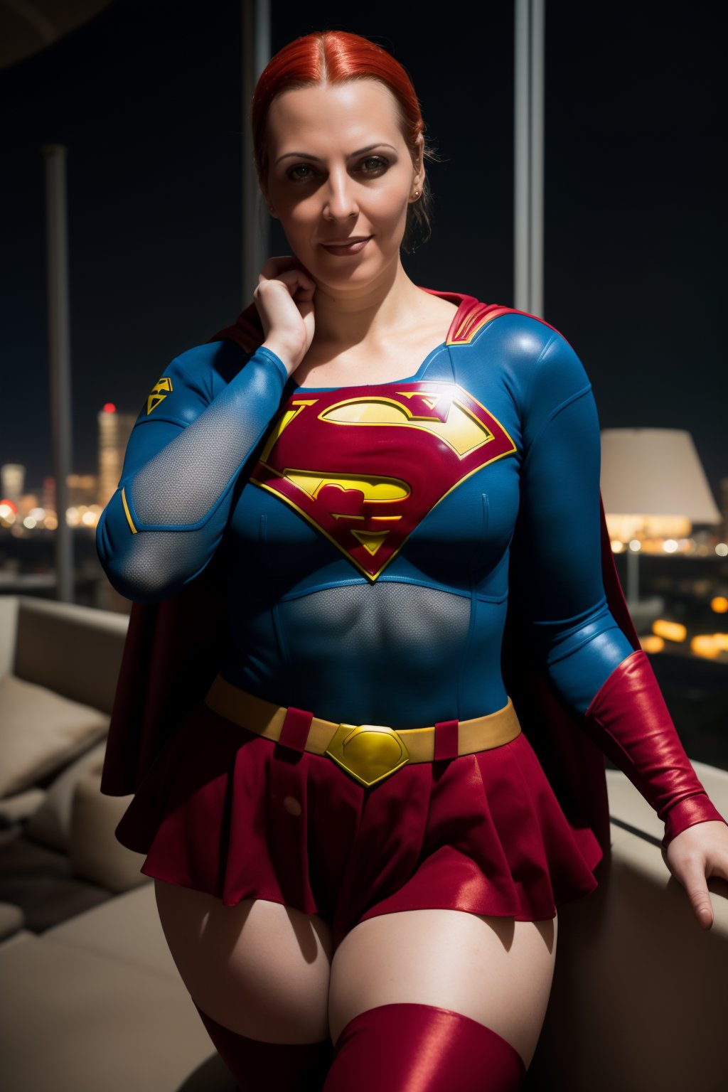  woman posing for a photo,(wearing supergirl_cosplay_outfit:1.3),crop_top,
good hand,4k, high-res, masterpiece, best quality, head:1.3,((Hasselblad photography)), finely detailed skin, sharp focus, (cinematic lighting), collarbone, night, soft lighting, dynamic angle, [:(detailed face:1.2):0.2],(((5 stars hotel))), outside,    