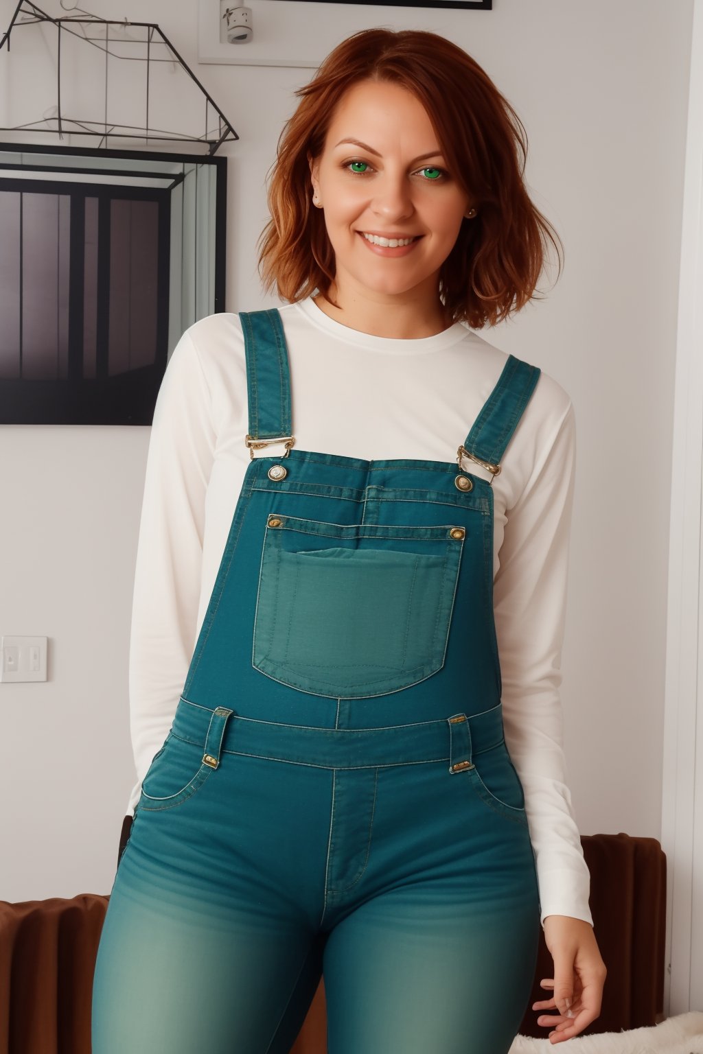 1girl, MJW, solo,medium hair,green eyes,red hair, vibrant, highly detailed, overalls, white shirt, indoors, smile,shiny skin,apartment at night