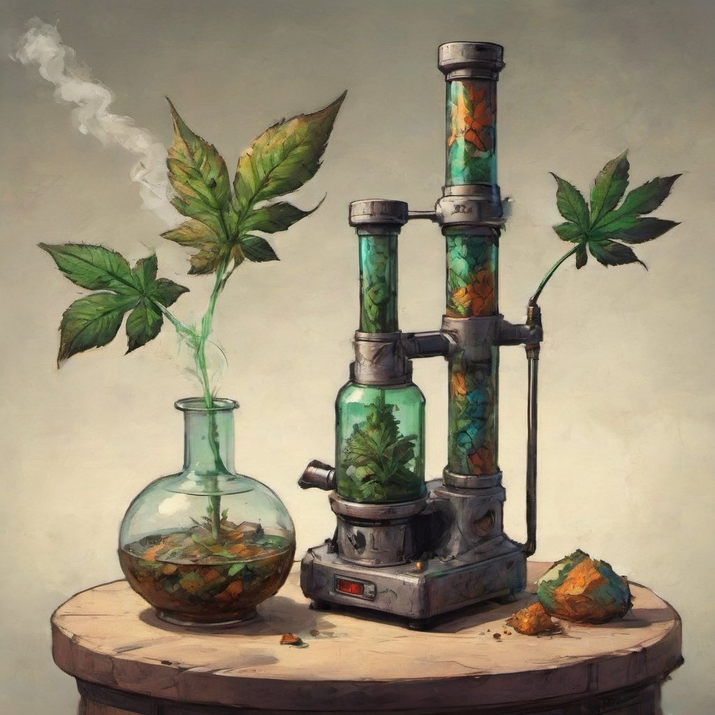 weed smoking bong machine adorned with vibrant weed nuggets and leaves, ensuring the image reflects a clean and visually appealing bong. The setting should convey the essence of a smooth and enjoyable smoking experience