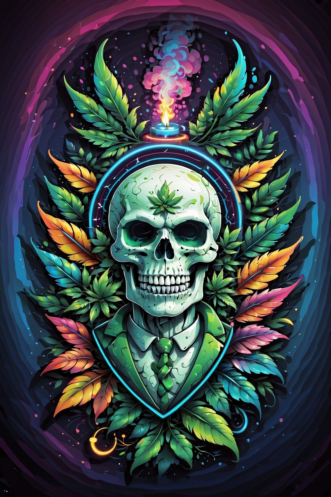 Logo business neon colors, cartoon style flat vector, mascot design, character design, cartoon, 
skull with a vibrant rainbow palette, smoking a weed joint amidst swirling cannabis leaves. Capture the unique fusion of darkness and colorful cannabis culture in vivid detail quality, wallpaper art, UHD, centered image, MSchiffer art, ((flat colors)), (cel-shading style) very bold neon colors, ((high saturation)) ink lines, psychedelic environment

