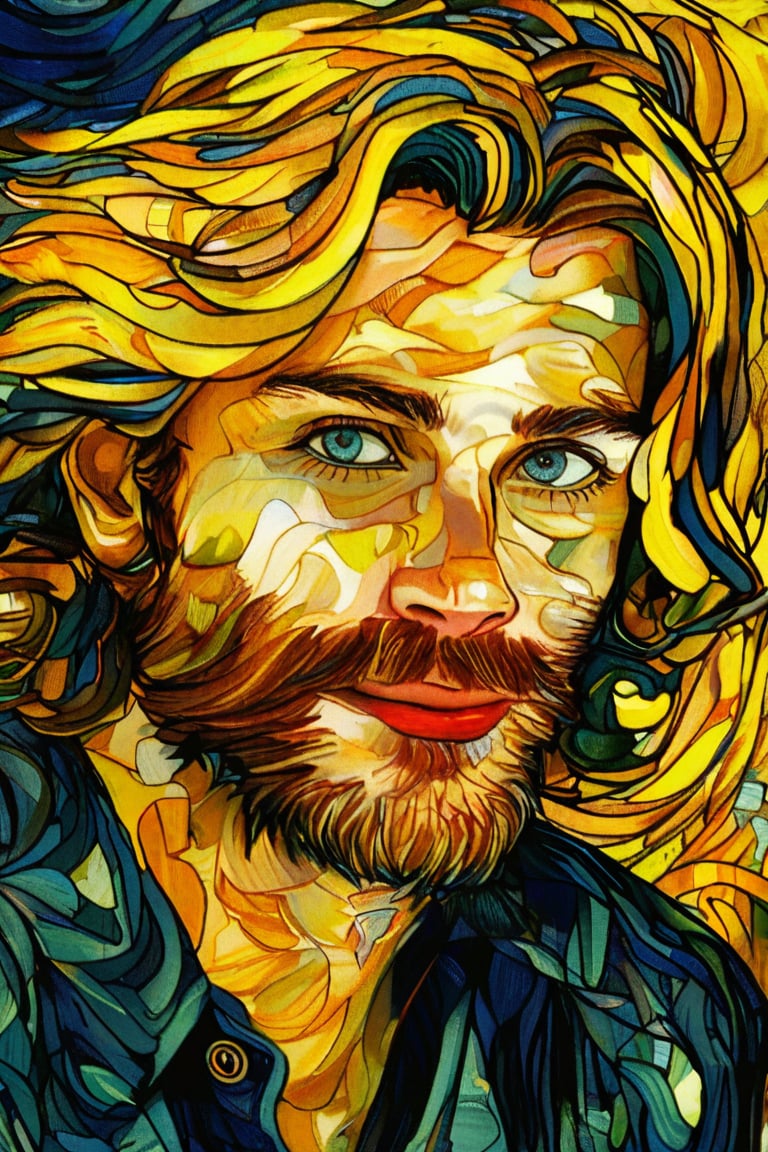 A close-up portrait of a 25-year-old american man with fair skin and long, curly blonde hair, front view, in the style of Vincent van Gogh, using a vibrant color palette of rich blues, deep yellows, and bold greens with Van Gogh's signature swirling, textured brushstrokes. Artists: Vincent van Gogh, Henri de Toulouse-Lautrec, Paul Gauguin.