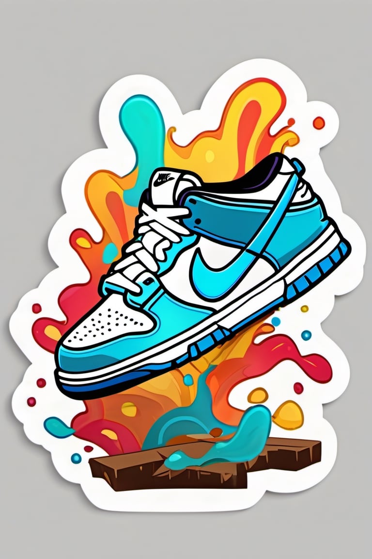 flat vector, mascot design, character design, cartoon, 16k resolution 
Nike sneakers dunk  with vibrant colours one shoe only zoomed in a unique style single shoe ,  Create an image capturing the essence of this cool and laid-back scene in vibrant detail STICKER, white clean background, paint stains, pro vector, high detail, t-shirt design, grafitti, vibrant, t-shirt less
