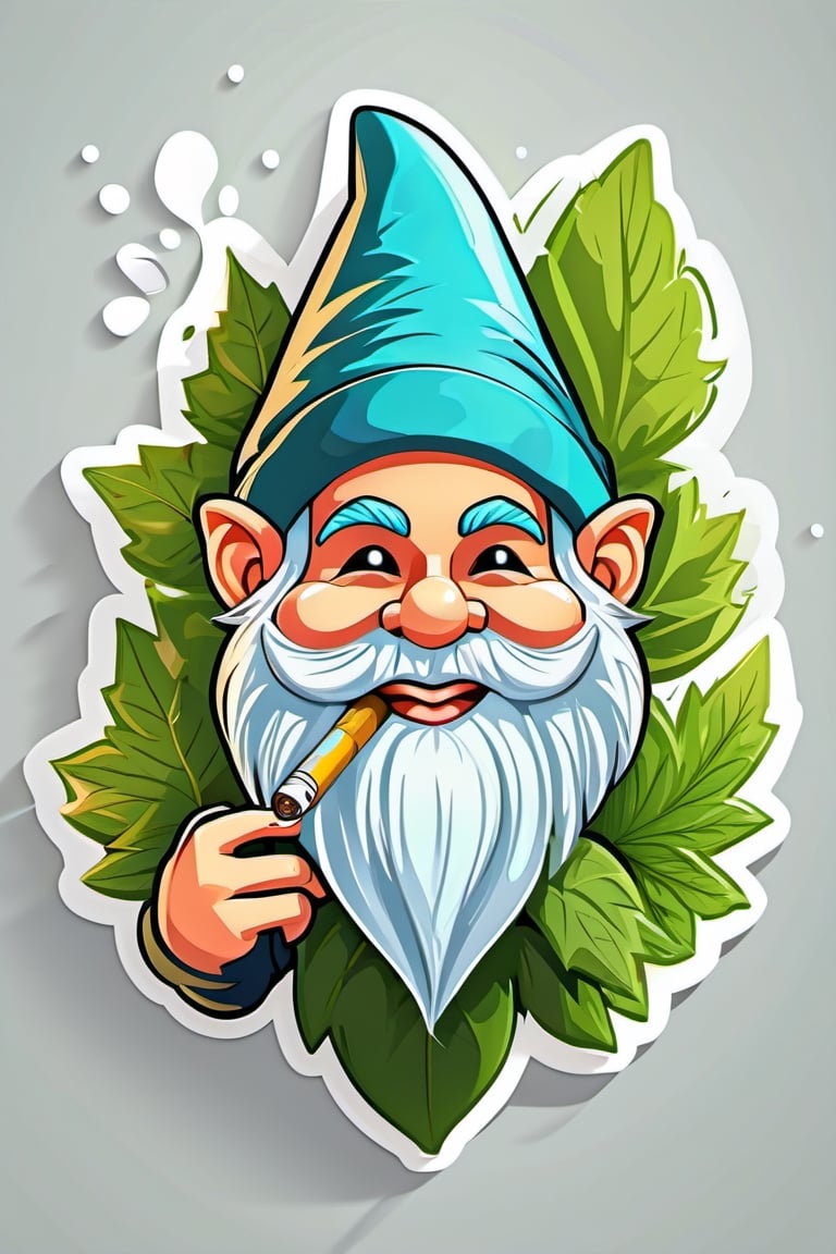 flat vector, mascot design, character design, cartoon, 
 gnome, smoking weed joint, background of swirling weed leaves. Gnome with mischievous grin, full body,smoking, surrounded by vibrant leaves. Sweet aroma fills air as journey delves deeper into the mind ,detail vector design ready to print, illustration of a  skull, side view, STICKER, white clean background, paint stains, pro vector, high detail, t-shirt design, grafitti, vibrant, t-shirt less