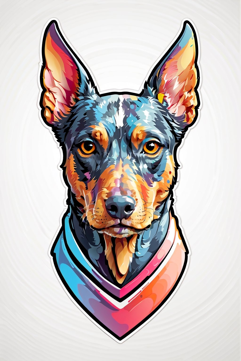 Logo business white clean background , the super   Dobermann dog head only cartoon , pro vector, high detail, t-shirt design, grafitti, vibrant, t-shirt less, best quality, wallpaper art, UHD, centered image, MSchiffer art, ((flat colors)), (cel-shading style) very bold neon colors, ((high saturation)) ink lines, clean white background environment
 