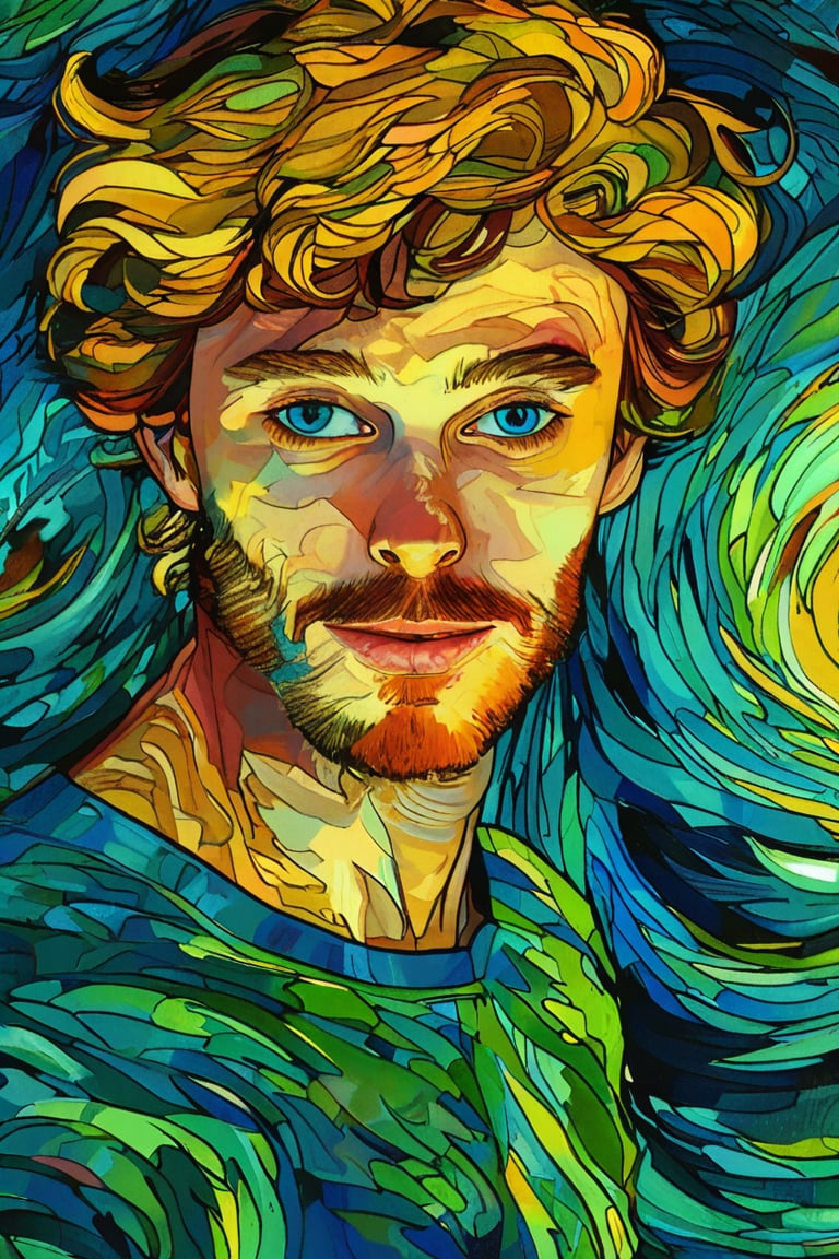 A close-up portrait of a 25-year-old Russian man with fair skin and short, curly blonde hair, front view, in the style of Vincent van Gogh, using a vibrant color palette of rich blues, deep yellows, and bold greens with Van Gogh's signature swirling, textured brushstrokes. Artists: Vincent van Gogh, Henri de Toulouse-Lautrec, Paul Gauguin.