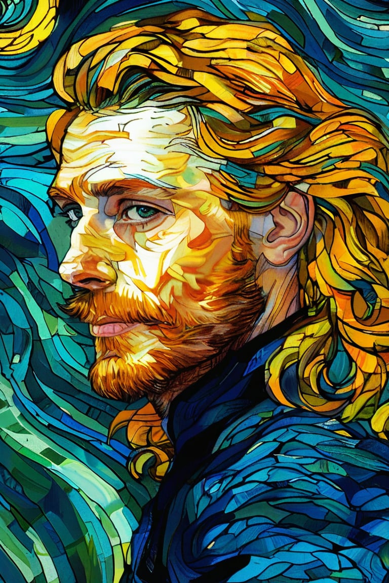 A close-up portrait of a 25-year-old american man with fair skin and long, curly blonde hair, front view, in the style of Vincent van Gogh, using a vibrant color palette of rich blues, deep yellows, and bold greens with Van Gogh's signature swirling, textured brushstrokes. Artists: Vincent van Gogh, Henri de Toulouse-Lautrec, Paul Gauguin.