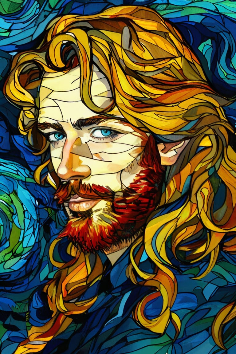 A close-up portrait of a 25-year-old american man with fair skin and long, curly blonde hair, front view, in the style of Vincent van Gogh, using a vibrant color palette of rich blues, deep yellows, and bold greens with Van Gogh's signature swirling, textured brushstrokes. Artists: Vincent van Gogh, Henri de Toulouse-Lautrec, Paul Gauguin.