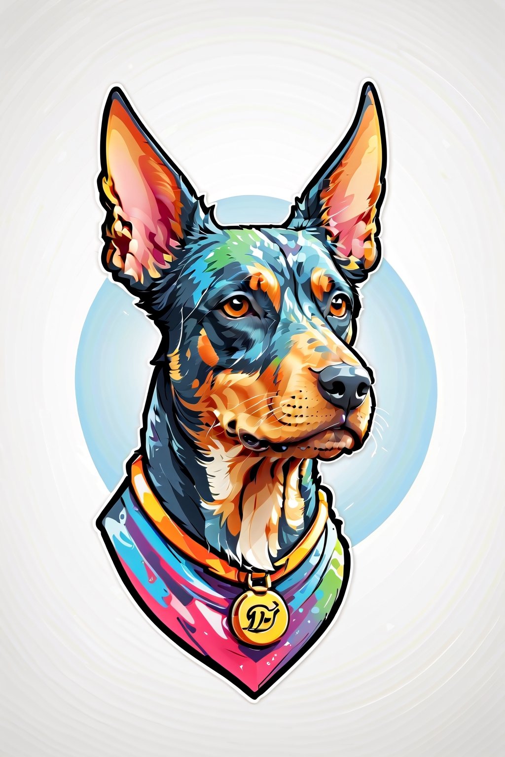 Logo business white clean background , the super   Dobermann dog head only cartoon , pro vector, high detail, t-shirt design, grafitti, vibrant, t-shirt less, best quality, wallpaper art, UHD, centered image, MSchiffer art, ((flat colors)), (cel-shading style) very bold neon colors, ((high saturation)) ink lines, clean white background environment
 