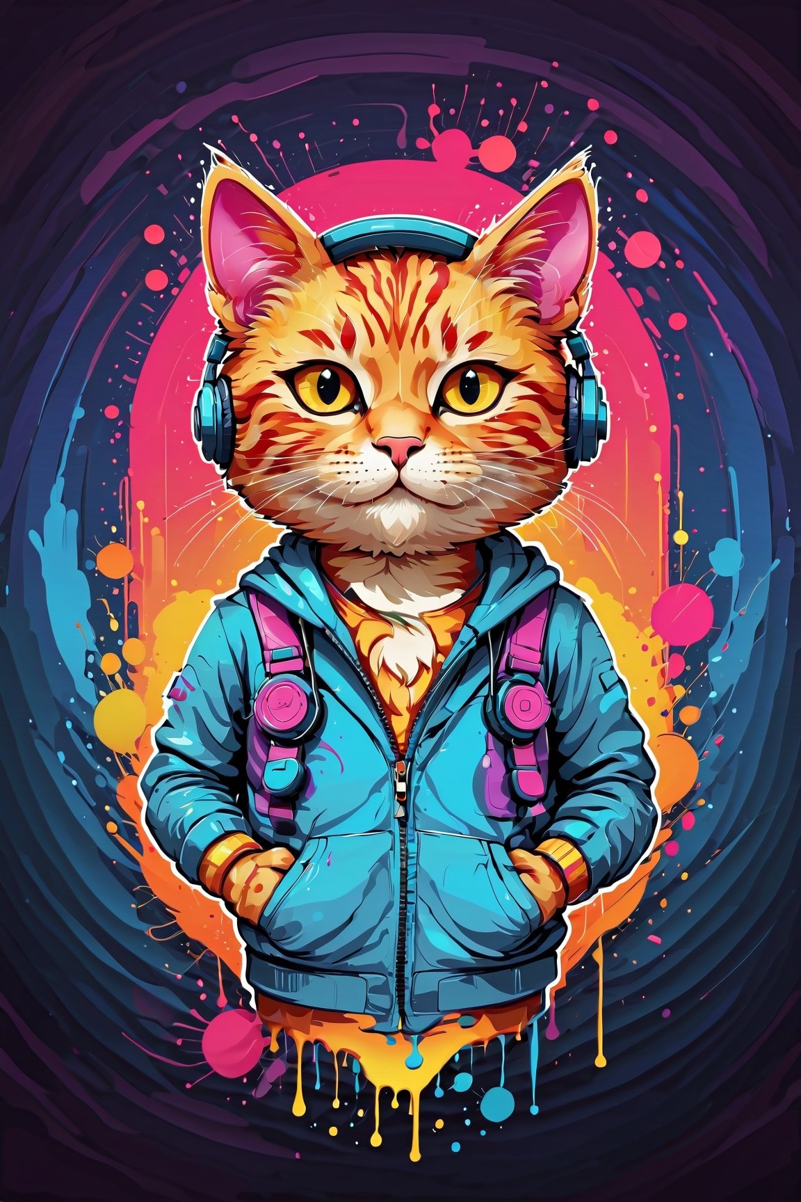 Logo business neon colors, cartoon style illustration gamer cat with headphones, with splashy neon colors, creating a vibrant and dynamic visual impact. The design should evoke a sense of energy and style, with the colors dripping seamlessly to convey a bold and captivating aesthetic scene in vibrant , pro vector, high detail, t-shirt design, grafitti, vibrant, t-shirt less, best quality, wallpaper art, UHD, centered image, MSchiffer art, ((flat colors)), (cel-shading style) very bold neon colors, ((high saturation)) ink lines, clean background environment

