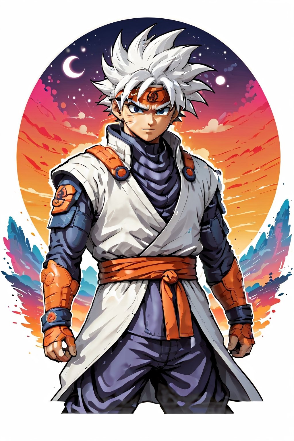 Logo business white clean background   Amidst a tumultuous journey, Kakashi Hatake and the formidable Nine-Tailed Fox, Kurama, from the anime series Naruto, are depicted standing side by side on a precipice overlooking a vast landscape. The sky above is tinged with hues of twilight, casting a soft glow over the rugged terrain below. Kakashi, adorned in his iconic ninja attire, exudes a calm and composed demeanor, his gaze steady and focused. Beside him, Kurama looms majestically, its imposing form radiating raw power and ancient wisdom. Despite their differences, a sense of mutual respect and understanding emanates from the duo, symbolizing the unbreakable bond forged through shared trials and tribulations. Together, they stand as stalwart guardians, ready to face whatever challenges lie ahead on their journey. , pro vector, high detail, t-shirt design, grafitti, vibrant, t-shirt less, best quality, wallpaper art, UHD, centered image, MSchiffer art, ((flat colors)), (cel-shading style) very bold neon colors, ((high saturation)) ink lines, clean white background environment

