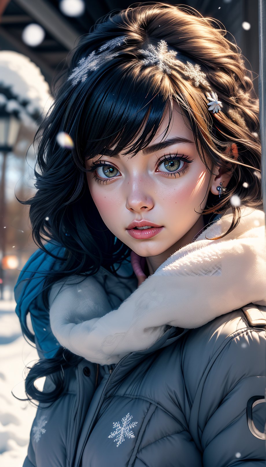 moments stretch and twist, turning a hurried walk into an eternity of swirling flakes. (masterpiece, detailed artwork), Snowflakes,1girl, golden eyes, sleepy, blush, (detailed lips), (cute winter coat, knitted winter coat), layla, twin drills, drill locks, blue hair, jewelry, sleepy eyes, Snow, snowflakes,masterpiece,1 girl