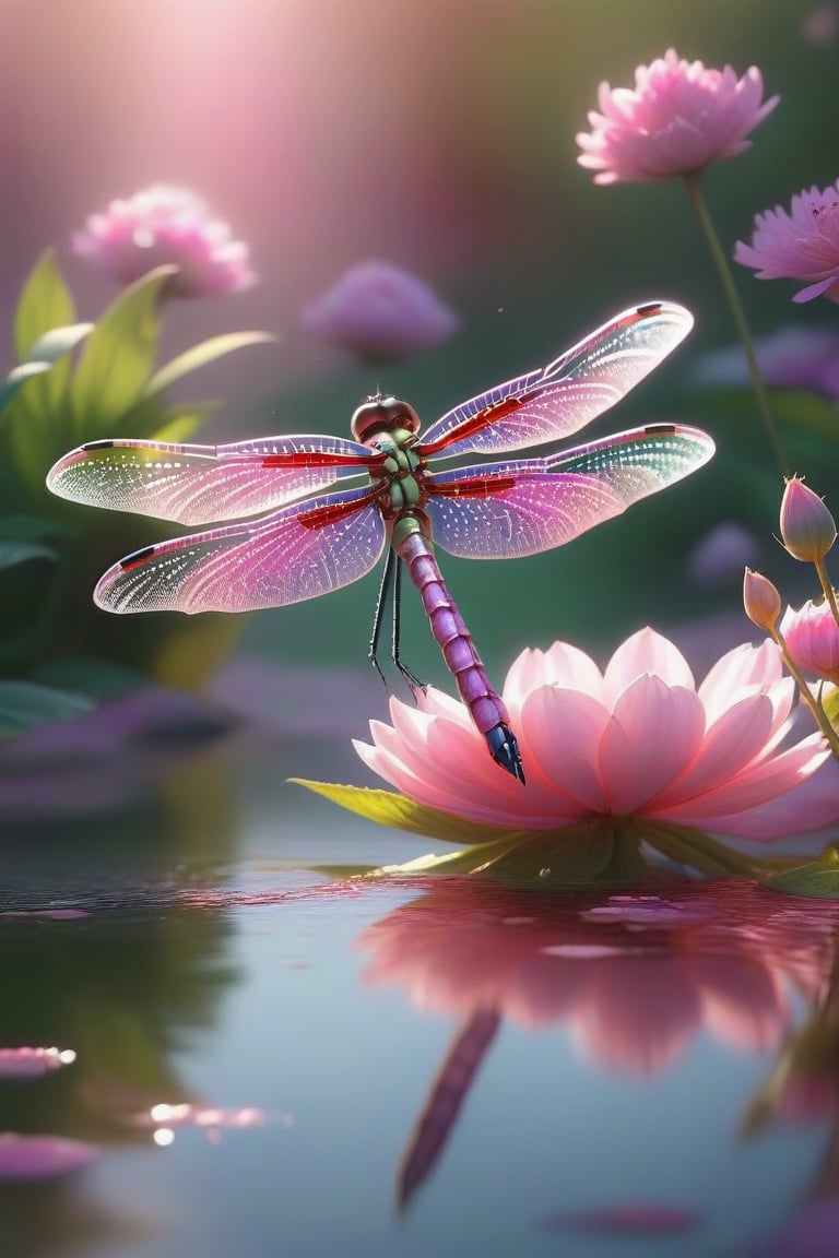 A majestic emerald green and carmine red dragonfly delicately hovers over calm waters dotted with pink and violet flowers, its translucent wings shimmering in the warm sunlight that casts a soft glow on the petals. The dragonfly’s vibrant body blends seamlessly with the surrounding foliage as it gathers nectar from the flower’s center. 8K resolution captures every intricate detail of the natural scene, from the delicate pollen grains to the soft focus of the blurred background.