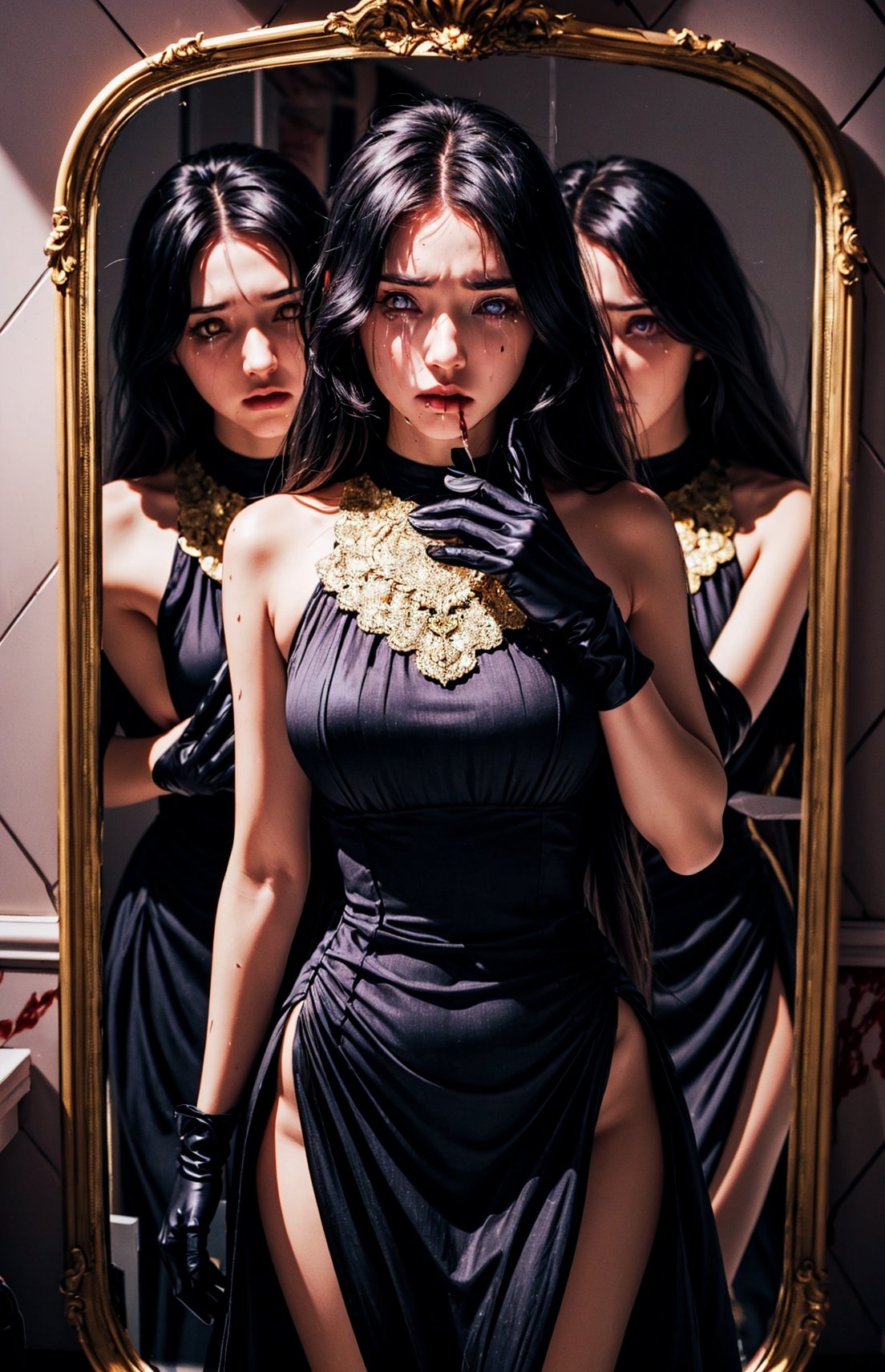 (((young woman with light eyes standing in front of a broken mirror looking at her own reflection))), ((hand passing through the mirror)), ((dark, low-cut dress, gold details, jewelry on the dress)), (( wearing silk gloves)) moonlight, window showing full moon, (purple black long hair: 1.3), (long hairstyle: 1.4), ((light purple eyes)), ((1 young woman)), (busty ), big breasts, best quality, extremely detailed, HD, 8k, (sad face), (sad eyes), crying, tears, (viewed_from_back:0.7), 1woman, glass, blood on the floor, blood on hands.