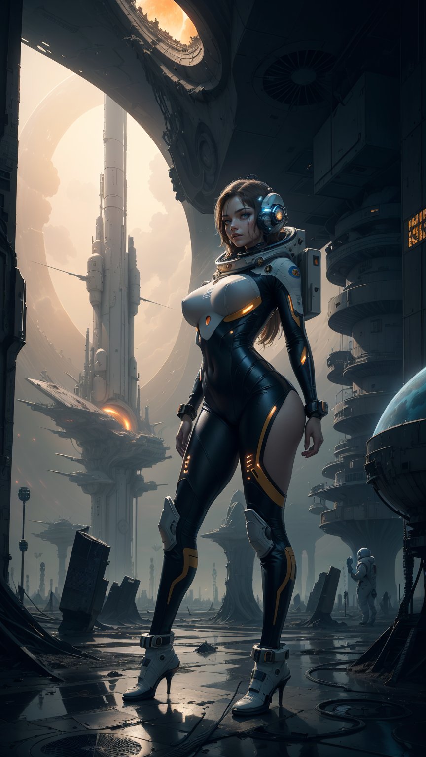 Astronauts, futuristic city, giant cruise ship, Portal to another WORLD, Science fiction, astronauts, spaceships, sky vault, yellow suns, craters, futuristic cities, beautiful girl walking on an extraterrestrial planet with a very tight and sexy astronaut suit