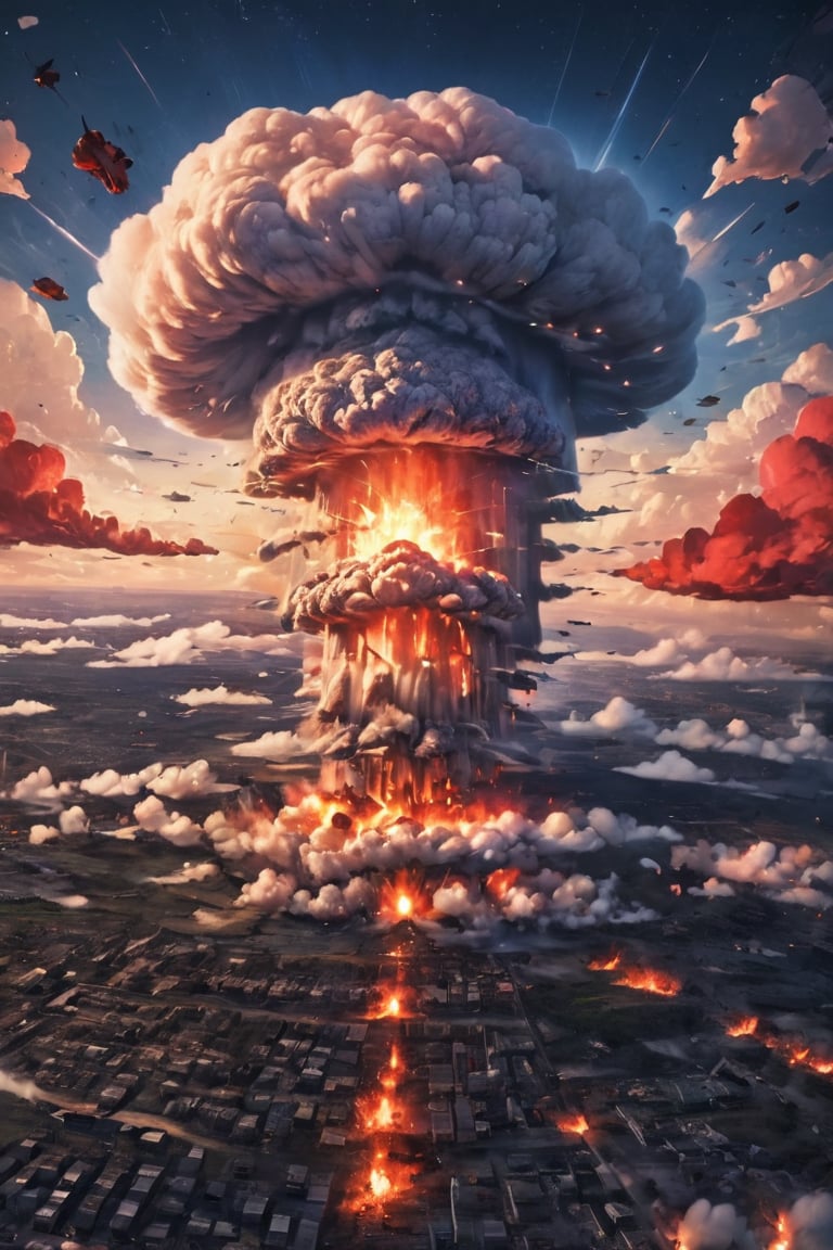 sky covered in the mushroom of a nuclear explosion, nuclear bomb in the air, red sky, EpicSky, NathanDrake, Lucky Clover, cumbath, cup, cum log, excessive fire, mushroom cloud, explosion covering the entire photo frame, destruction excessive, nuclear fire, Vilga, dcfc, FACEJERK, yasuraoka hanabi, city destroyed excessively by shock wave.