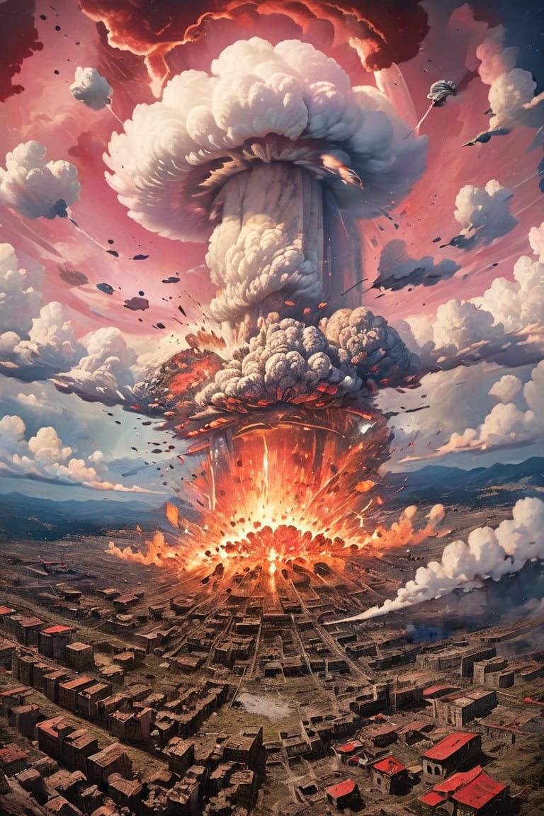 sky covered in the mushroom of a nuclear explosion, nuclear bomb in the air, red sky, EpicSky, NathanDrake, Lucky Clover, cumbath, cup, cum log, excessive fire, mushroom cloud, explosion covering the entire photo frame, destruction excessive, nuclear fire, Vilga, dcfc, FACEJERK, yasuraoka hanabi, city destroyed excessively by shock wave.