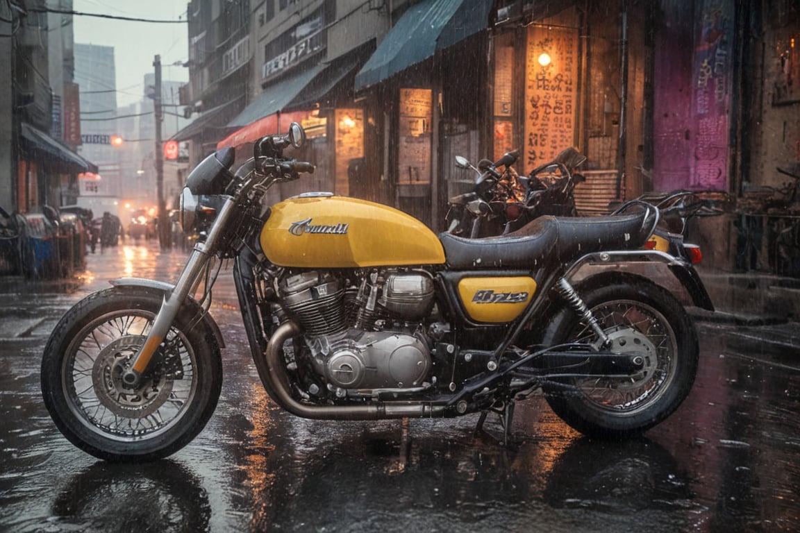 city,cyberpunk,(cityscape:1.1),(neons:1.2),ray tracing,street,sunset view,high reflection,YANGWANG U9,,masterpiece,sunset light,hdr,kawasaki H2 motorcycle engine,(rain:1.1 ), rainy days, engine, mechanics, stylized, pistons, buggies, engine, wheel with city tire