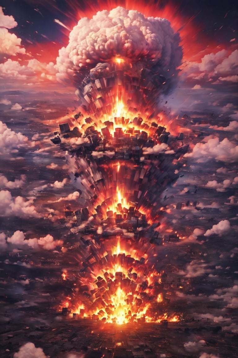 sky covered in the mushroom of a nuclear explosion, nuclear bomb in the air, red sky, EpicSky, NathanDrake, Lucky Clover, cumbath, cup, cum log, excessive fire, mushroom cloud, explosion covering the entire photo frame, destruction excessive, nuclear fire, Vilga, dcfc, FACEJERK, yasuraoka hanabi, city destroyed excessively by shock wave.