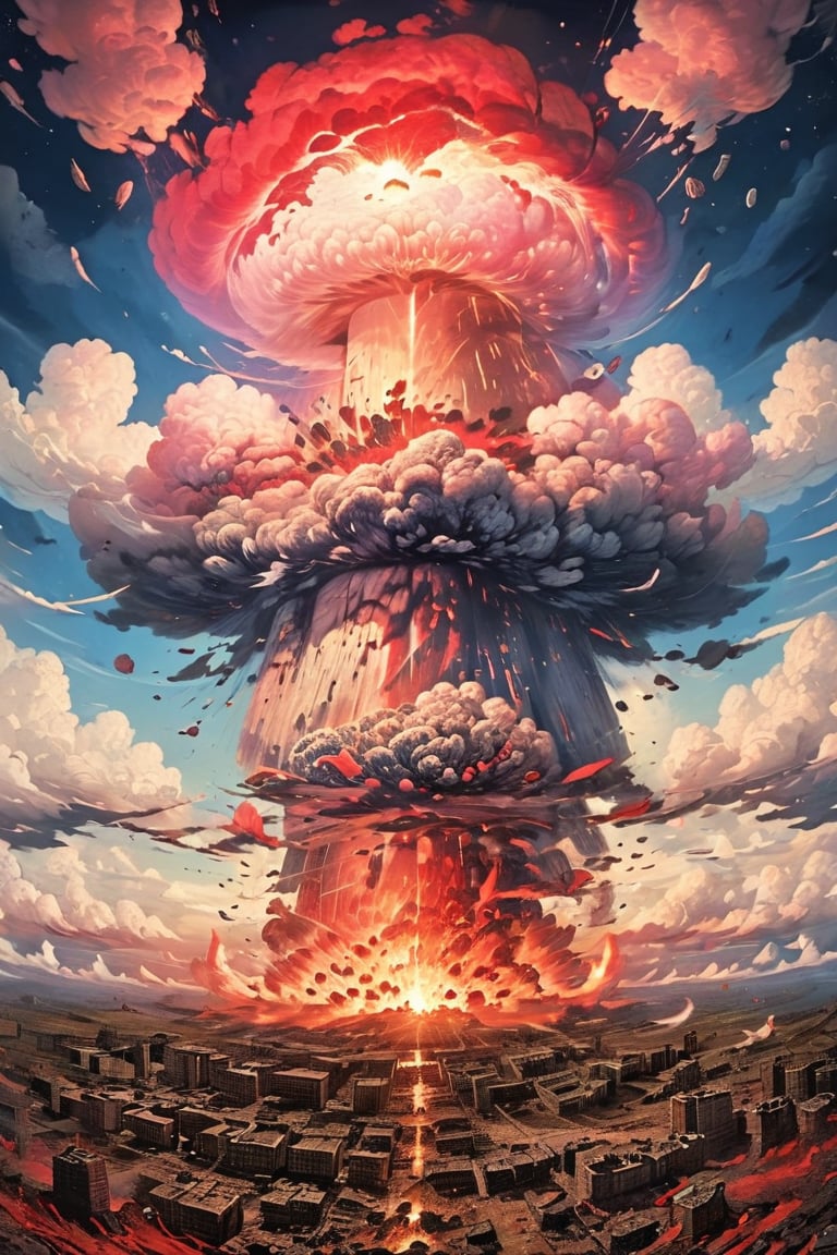 sky covered in the mushroom of a nuclear explosion, nuclear bomb in the air, red sky, EpicSky, NathanDrake, Lucky Clover, cumbath, cup, cum log, excessive fire, mushroom cloud, explosion covering the entire photo frame, destruction excessive, nuclear fire, Vilga, dcfc, FACEJERK, yasuraoka hanabi, city destroyed excessively by shock wave.