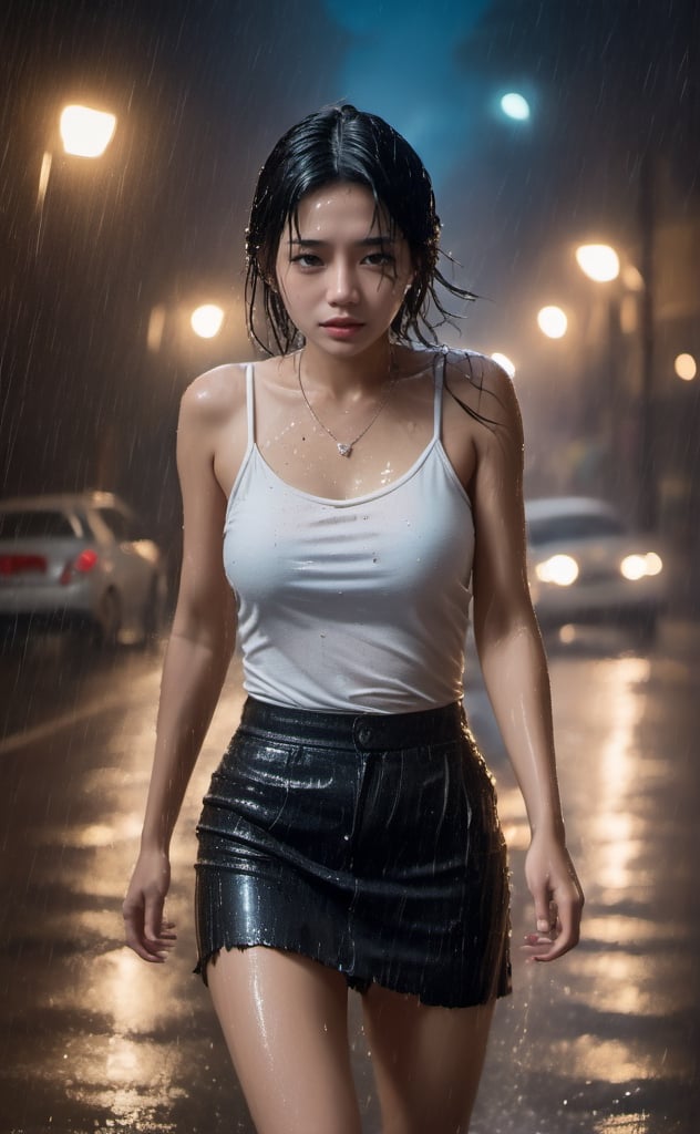 picture of the woman runing on the street under the rain,wet short shirt and sort skirt, broken heart, sad face, wet hair, wet body, big rain, water splash, night scene, street light, from_front side_view, looking away,LinkGirl,b3rli