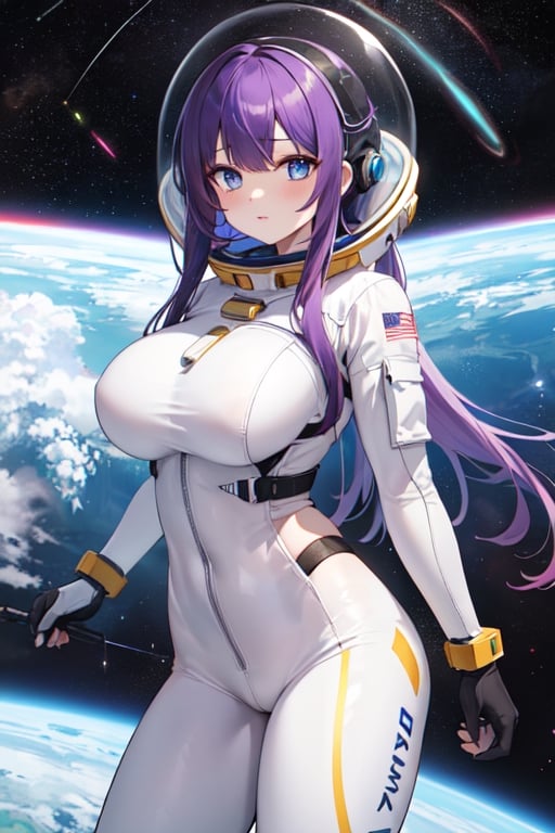 mature_female, breast, 1girl,  , masterpiece, best quality, long_hair, purple-hair, blue_eyes, pony_tail, 4k, highres, high_quality, spacesuit, (((space helmet))), body_suit, gloves, boobs,