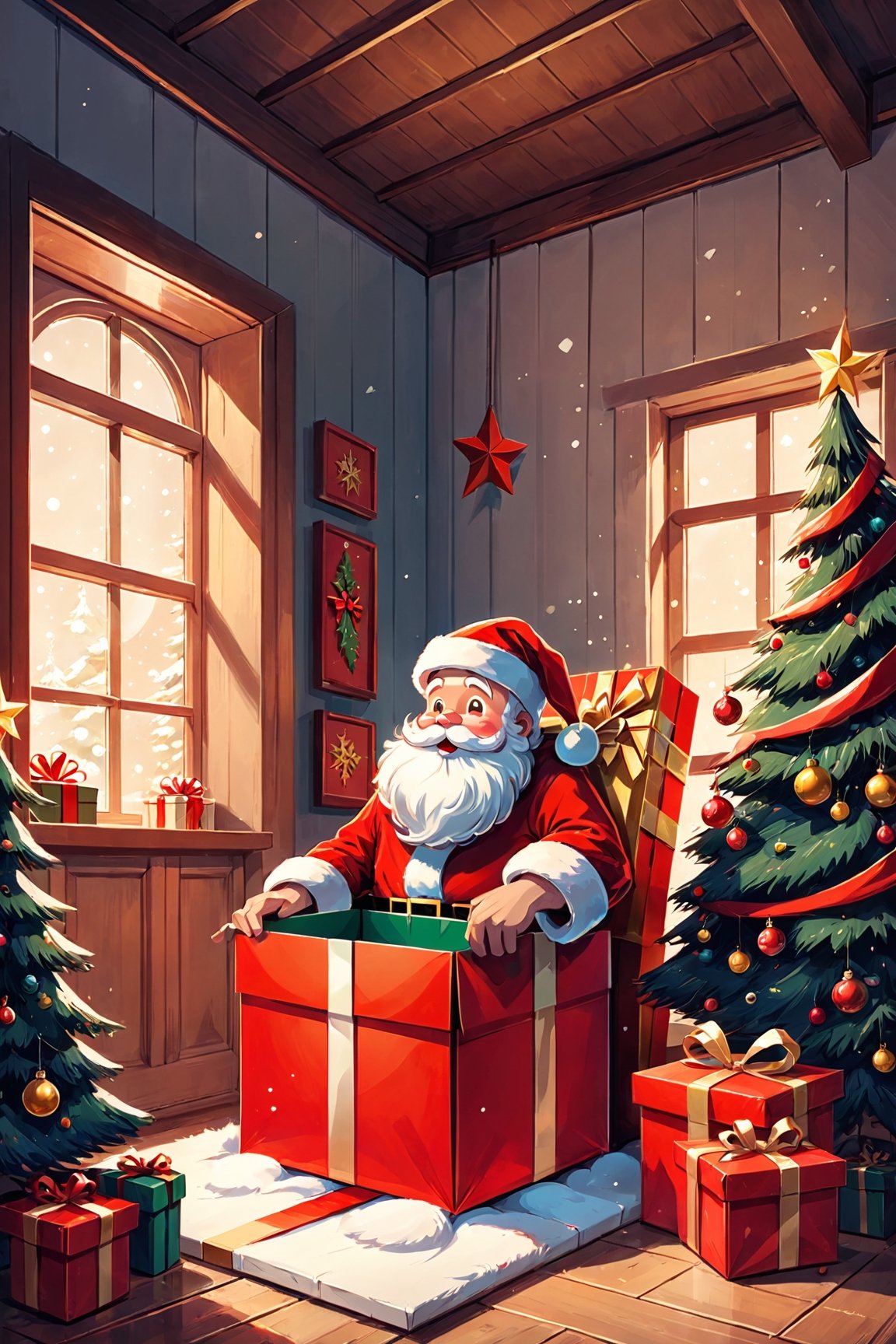 best quality,  masterpiece,  (illustration style:1.1), A picture of a large Christmas gift box opened in a house, Santa came out from inside the box.