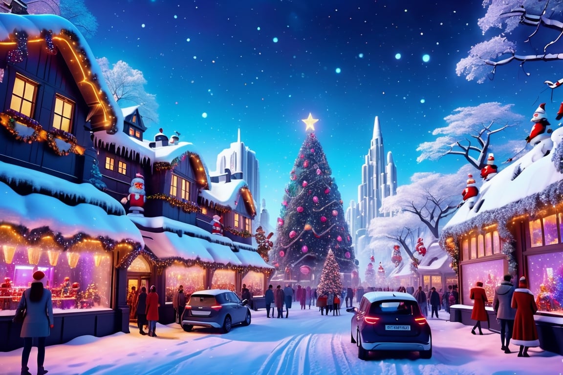 Futuristic Christmas scene in 4K: Snowy cityscape with illuminated buildings, robots delivering presents, modern-dressed people, central Christmas tree with lights, holographic Santa sleigh projection, and a magical atmosphere, realistic
