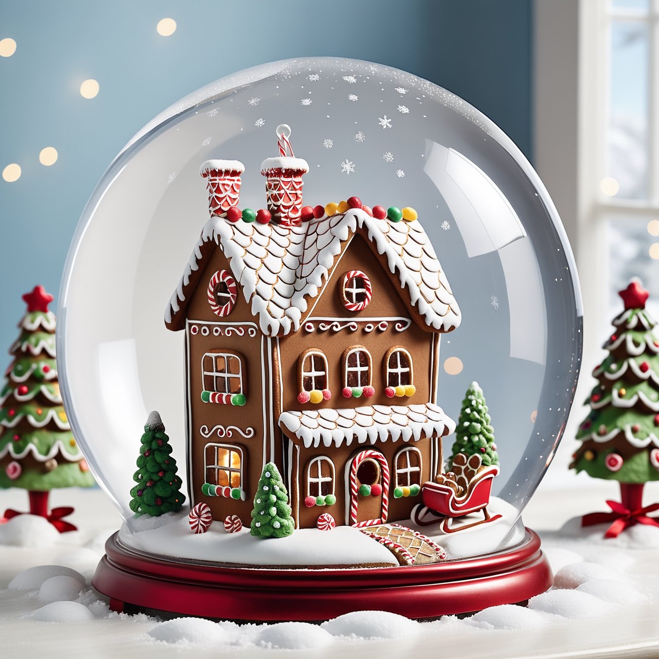 An image of a gingerbread house, sleigh, and snow globe set in the snowy Christmas landscape, creating a festive scenery. ,more detail XL