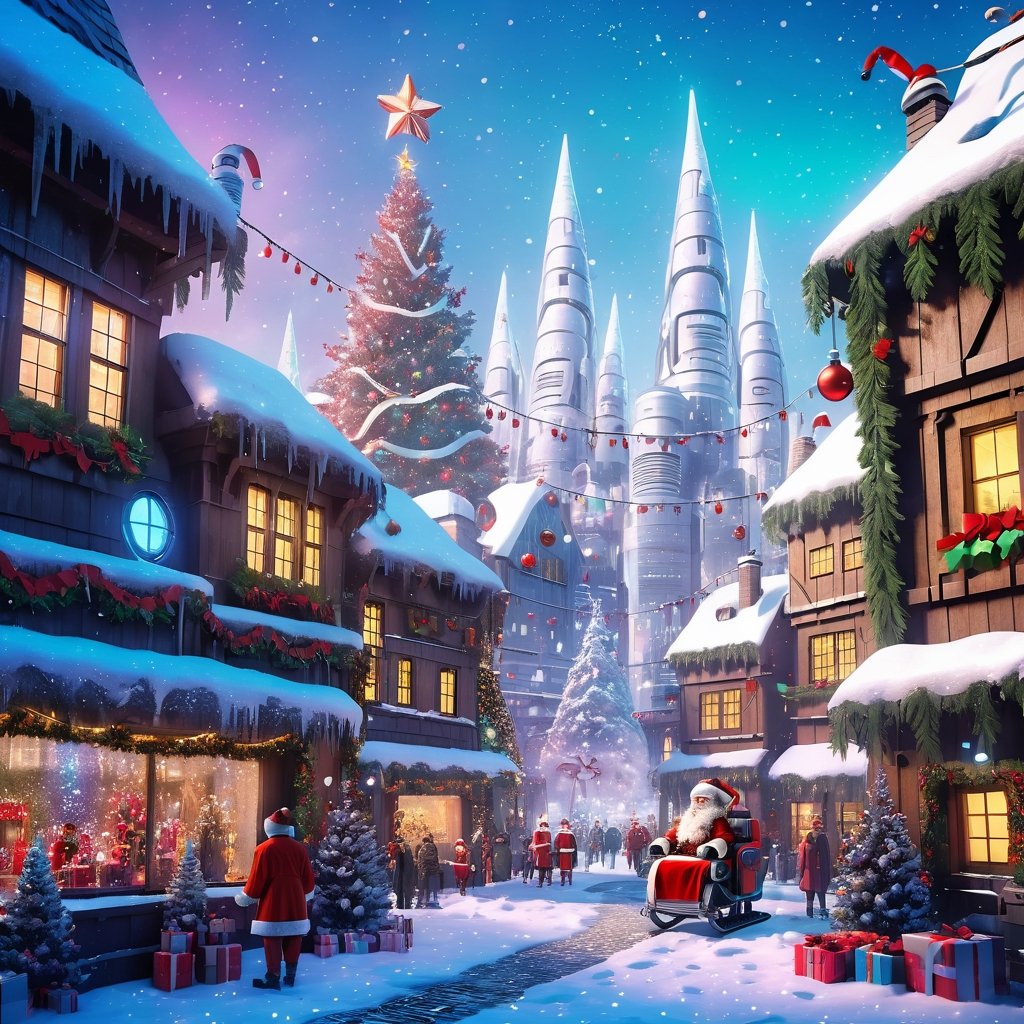 Futuristic Christmas scene in 4K: Snowy cityscape with illuminated buildings, robots delivering presents, modern robots central Christmas tree with lights, holographic Santa sleigh projection, and a magical atmosphere, realistic
,greg rutkowski