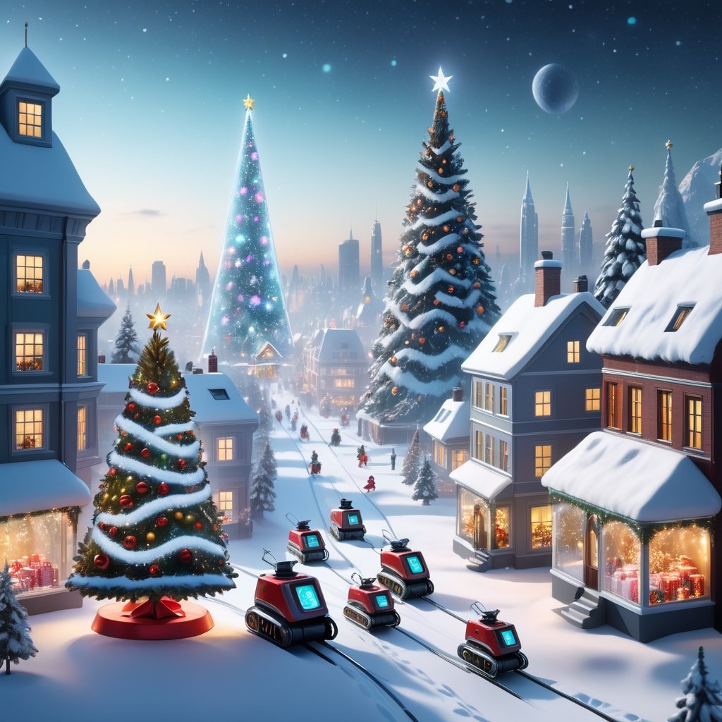 Futuristic Christmas scene in 4K: Snowy cityscape with illuminated buildings, robots delivering presents, modern robots central Christmas tree with lights, holographic Santa sleigh projection, and a magical atmosphere, realistic
,greg rutkowski