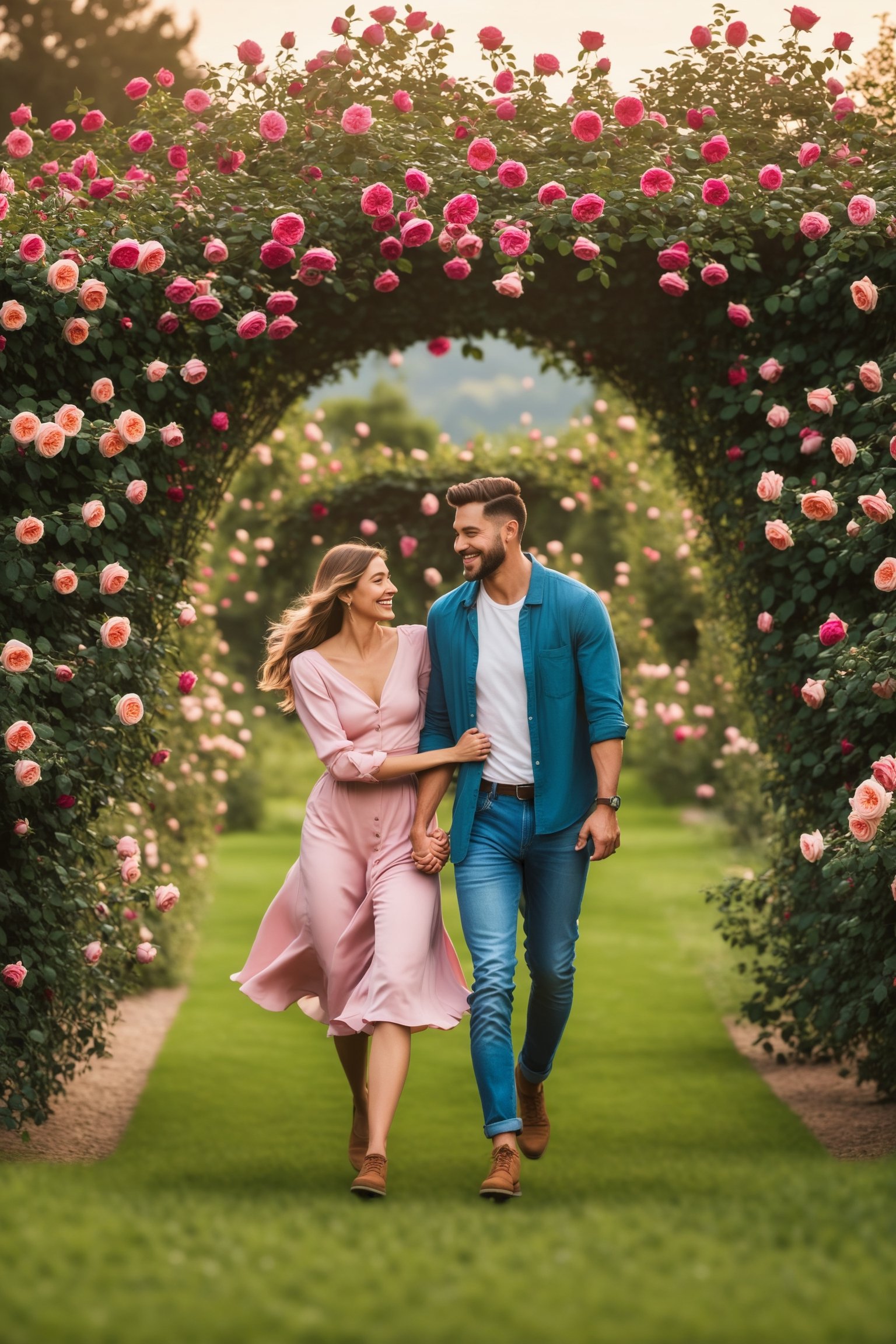 An image of a romantic couple in a rose garden, surrounded by blooming roses, they have happy faces and are holding hands. 